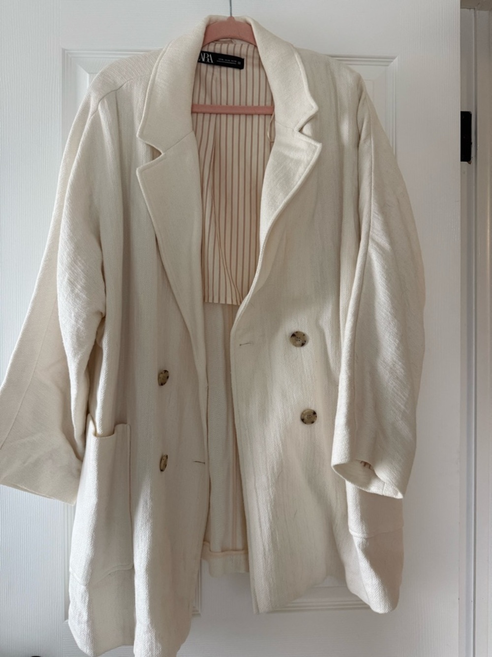 Zara Off-White Double-Breasted Textured Blazer